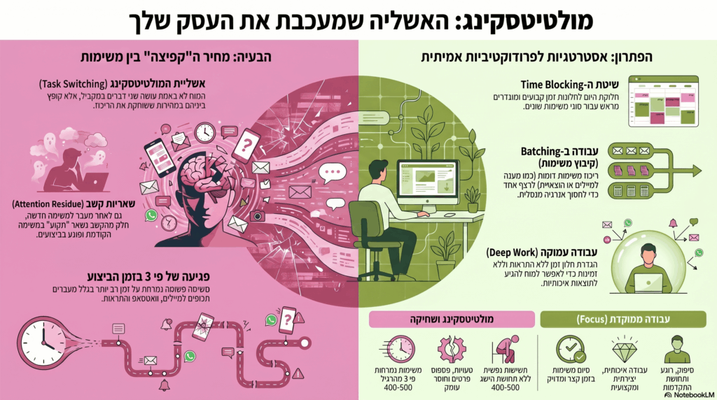בעלי עסקים קטנים ופרילנסרים חיים בתוך מולטיטסקינג תמידי: וואטסאפ, מיילים, לקוחות ומשימות בלי סוף. במאמר הזה תגלו למה ריבוי משימות פוגע בפרודוקטיביות, איך הוא יוצר שחיקה ואילו שיטות וכלים יעזרו לכם לעבוד בצורה רגועה, ממוקדת ויעילה יותר.